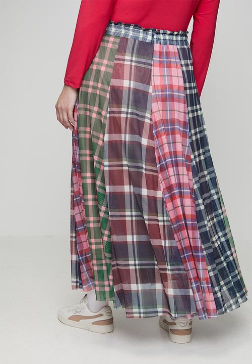 Me&B - Plus Panelled Lined Mesh Check Skirt - Multi