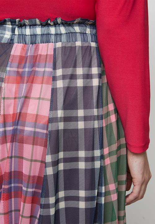 Me&B - Plus Panelled Lined Mesh Check Skirt - Multi