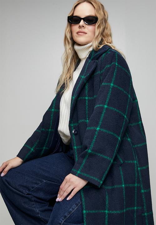 Me&B - Plus Melton Coat Grid- Ink/Green