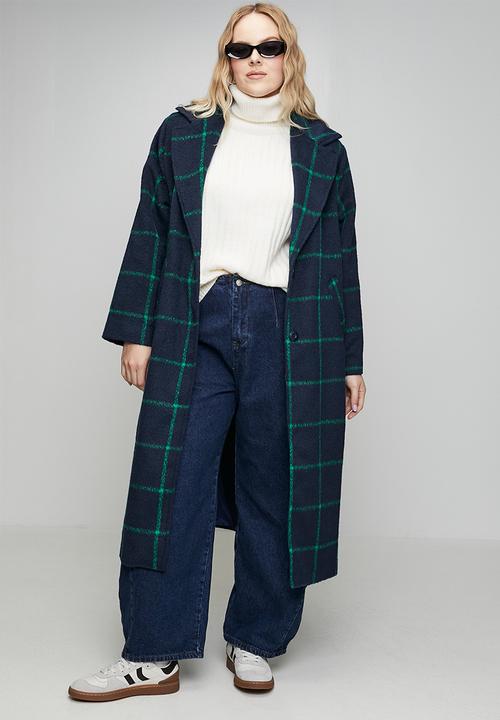 Me&B - Plus Melton Coat Grid- Ink/Green