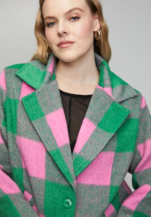 Me&B - Plus Melton Coat Check - Pink/Green