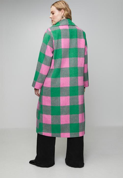 Me&B - Plus Melton Coat Check - Pink/Green