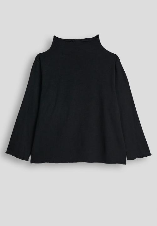 Pop Candy - High neck lettuce hem top - black