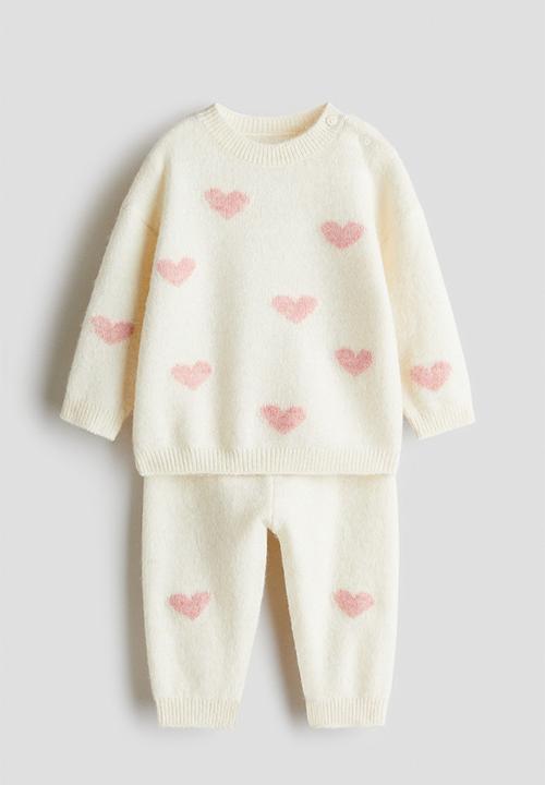 H&M - 2-piece knitted set - light beige/hearts