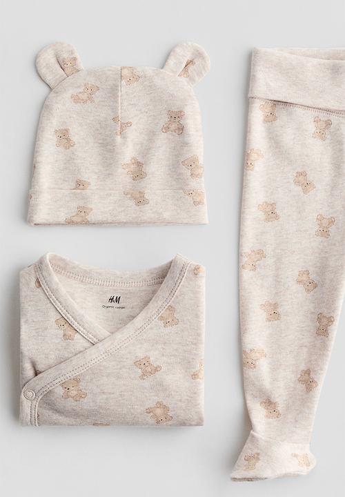 H&M - 3-piece cotton jersey set - light beige marl/teddy bears