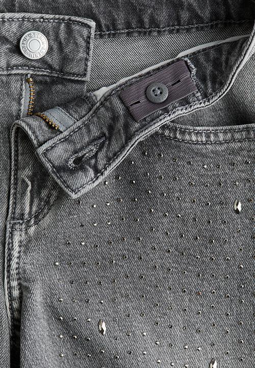 H&M - Relaxed wide leg jeans - light grey/rhinestones