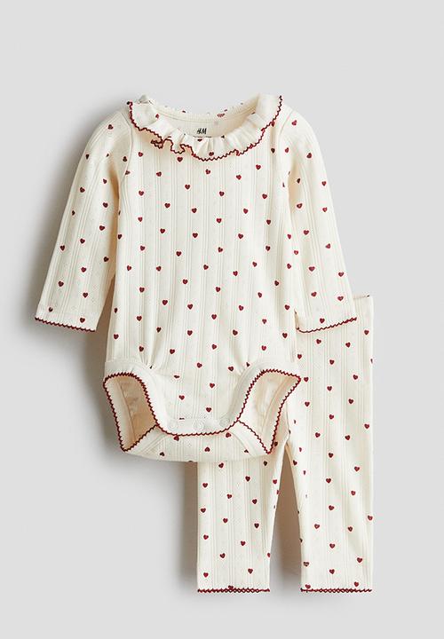 H&M - 2-piece cotton jersey set - light beige/hearts