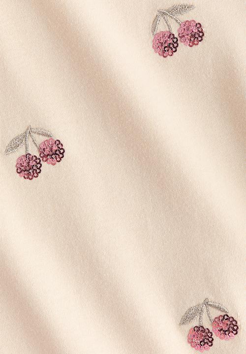 H&M - Motif-detail cotton top - light peach pink/cherries