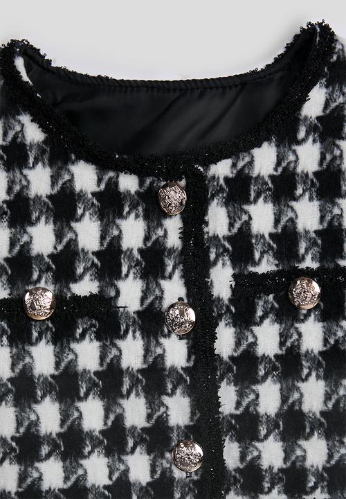Pop Candy - Houndstooth printed wool-blend jacket and skirt - black