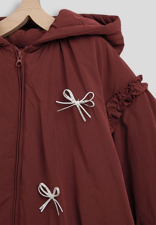 Pop Candy - Bow applique puffer jacket with faux fur lining - brownish red