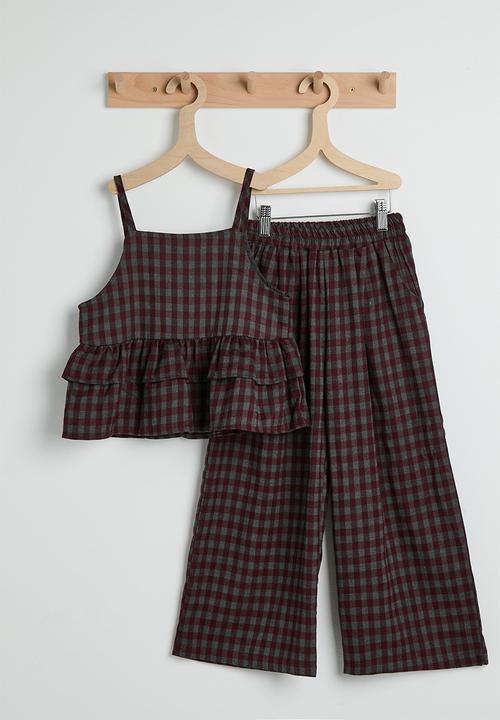 Pop Candy - Gingham peplum camisole & pants - maroon/grey