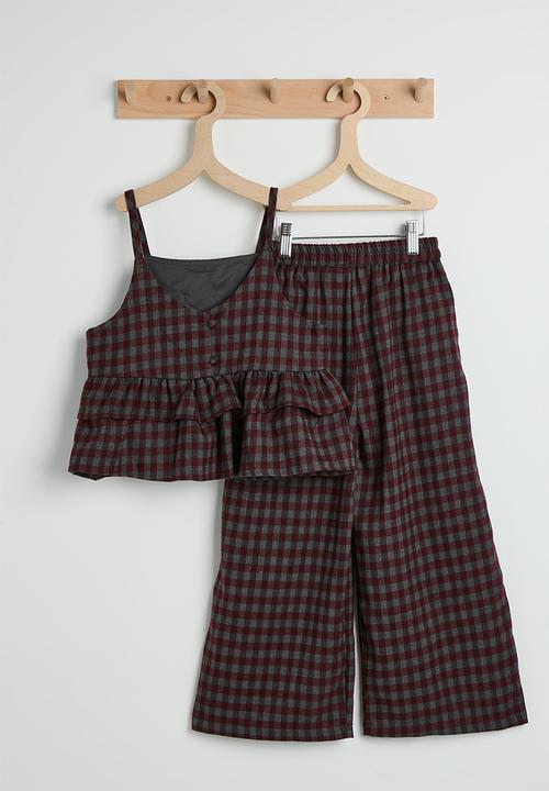 Pop Candy - Gingham peplum camisole & pants - maroon/grey
