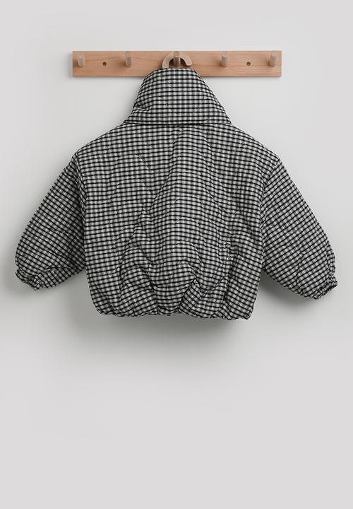 Pop Candy - Checkered collarless puffer jacket with scarf - black