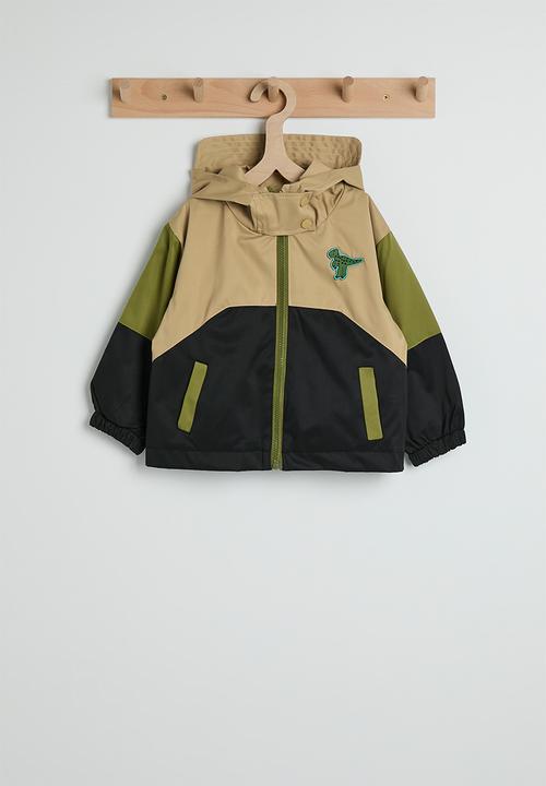 Colour block dino applique jacket - light brown/multi