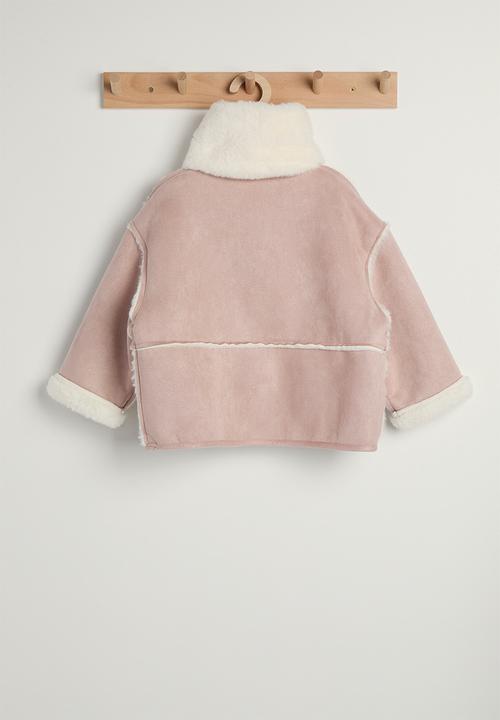Pop Candy - Faux suede-fur collarless jacket with keyhole scarf - soft pink