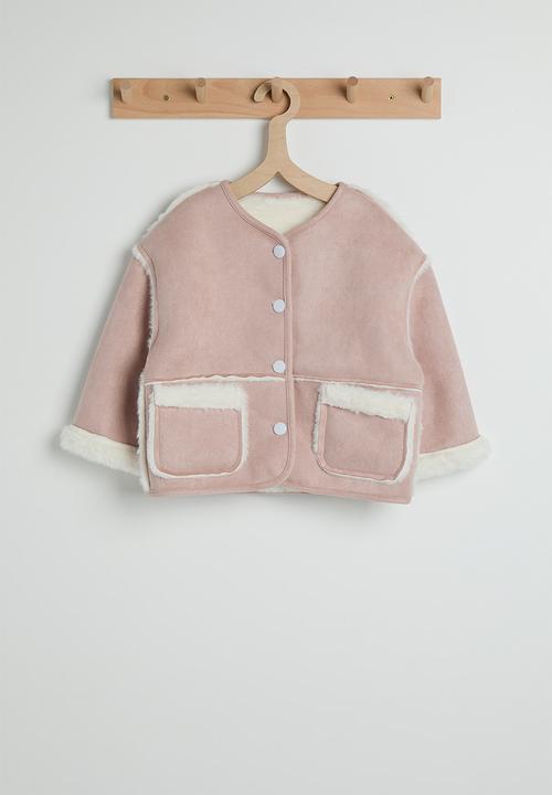 Pop Candy - Faux suede-fur collarless jacket with keyhole scarf - soft pink