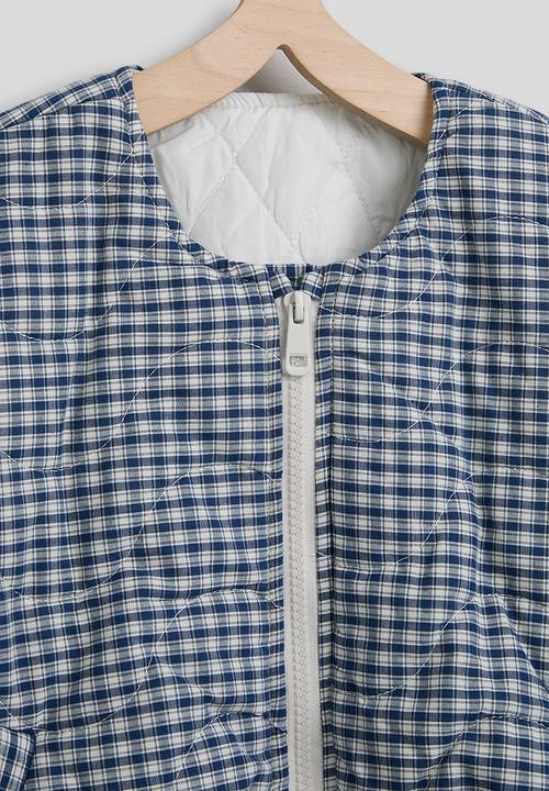Pop Candy - Checkered collarless puffer jacket with scarf - navy