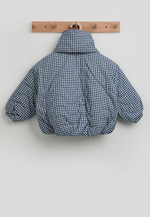 Pop Candy - Checkered collarless puffer jacket with scarf - navy