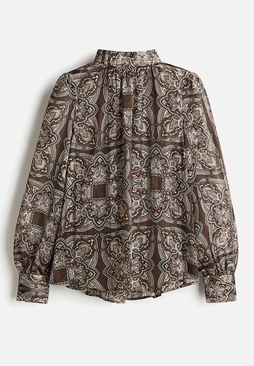 H&M - Stand-collar blouse - khaki green/paisley pattern