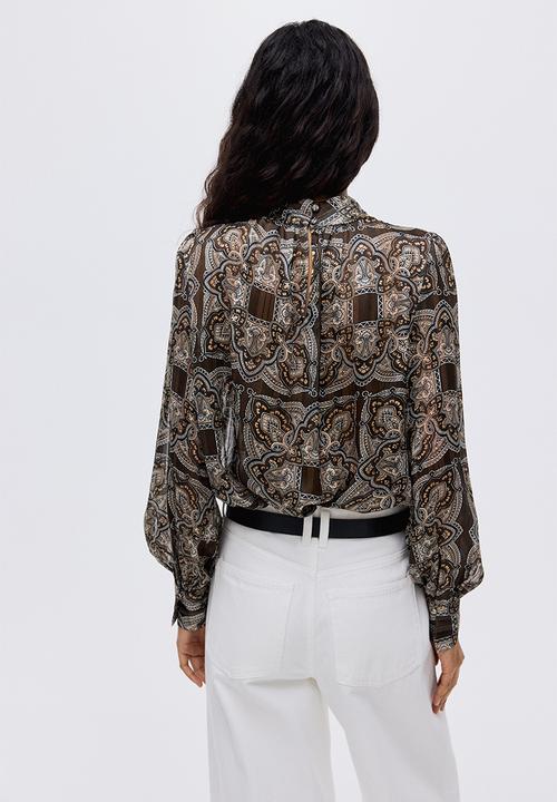 H&M - Stand-collar blouse - khaki green/paisley pattern