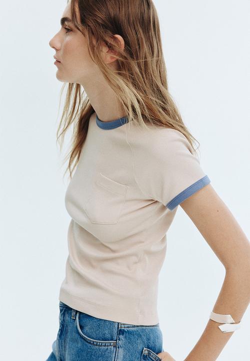 H&M - Raglan-sleeved t-shirt - light beige/dusty blue