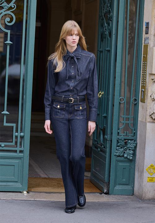 H&M - Bow-detail denim blouse - dark denim blue