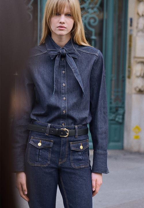 H&M - Bow-detail denim blouse - dark denim blue