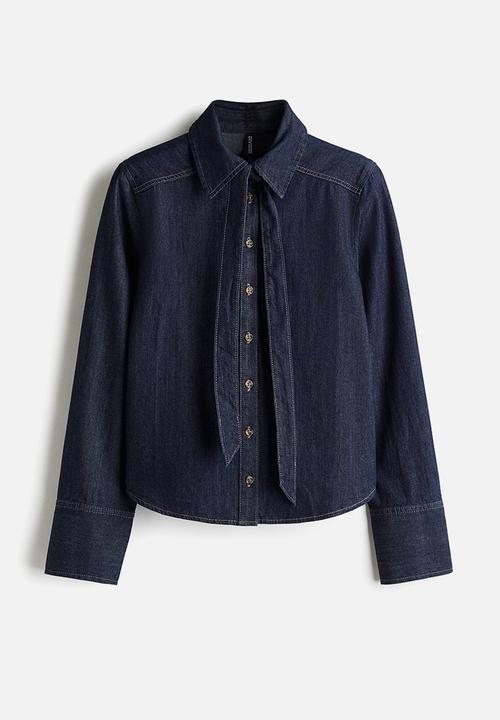 H&M - Bow-detail denim blouse - dark denim blue