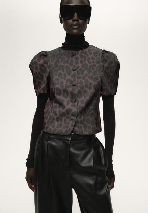 H&M - Puff-sleeved blouse - dark brown/leopard print