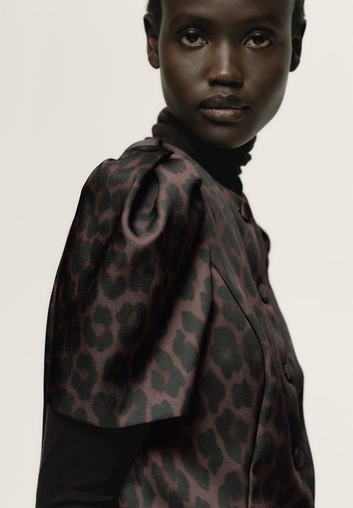 H&M - Puff-sleeved blouse - dark brown/leopard print