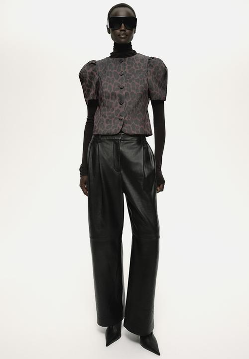 H&M - Puff-sleeved blouse - dark brown/leopard print