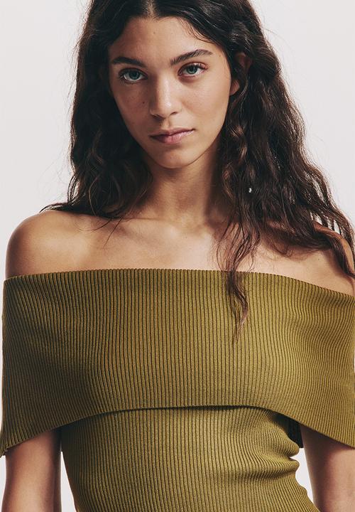Rib - knit off - the - shoulder top - golden olive - 1307871002