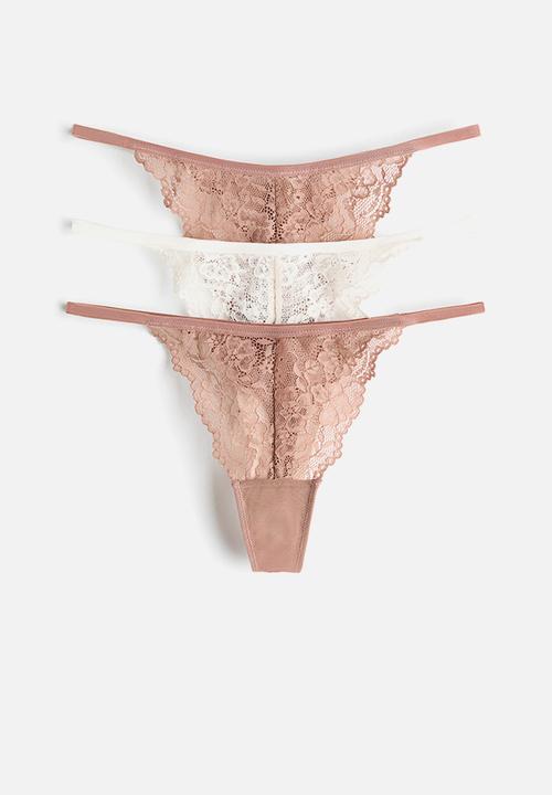 H&M - 3 pack lace tanga thong briefs - light brown/white