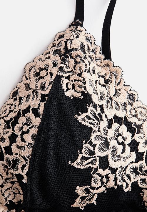 H&M - Padded soft lace bra - black/cream