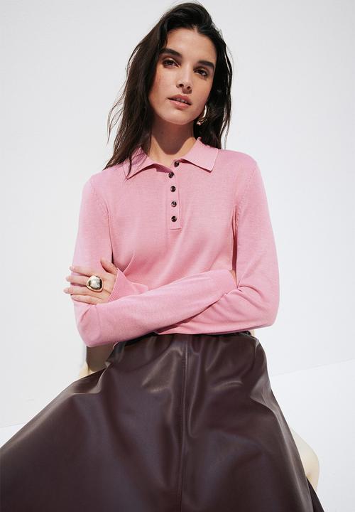 Fine-knit polo shirt - pink - 1335823003
