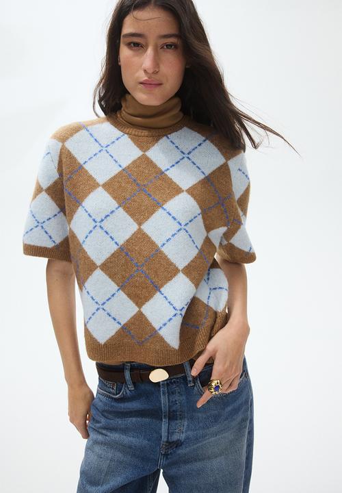H&M - Short-sleeved jacquard-knit jumper - beige marl/argyle-patterned