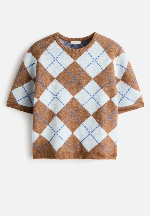 H&M - Short-sleeved jacquard-knit jumper - beige marl/argyle-patterned