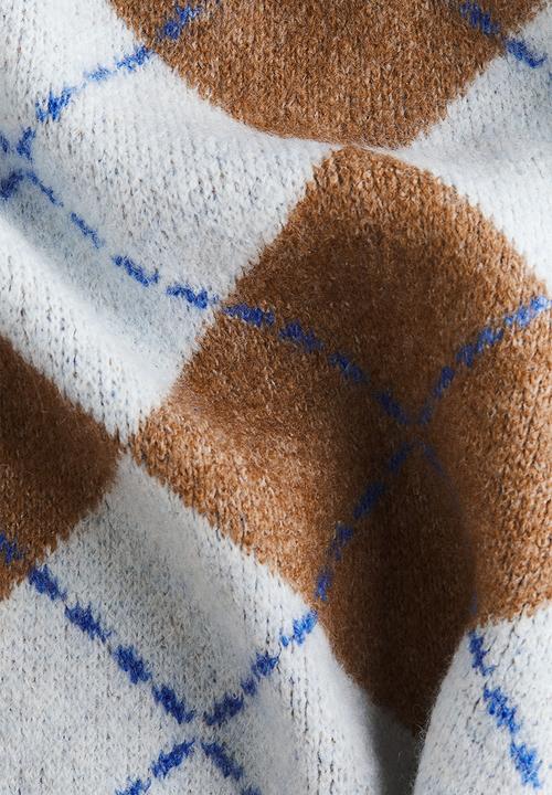 H&M - Short-sleeved jacquard-knit jumper - beige marl/argyle-patterned