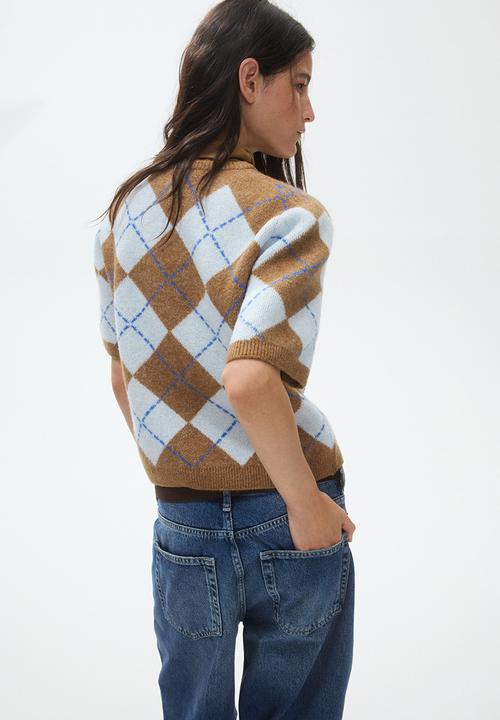 H&M - Short-sleeved jacquard-knit jumper - beige marl/argyle-patterned