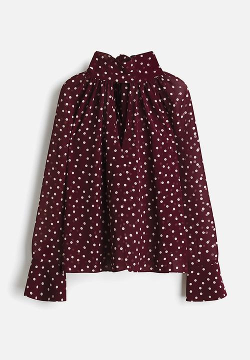 H&M - Scarf-collar blouse - burgundy/spotted