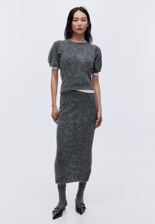 H&M - Knitted puff-sleeved top - grey marl