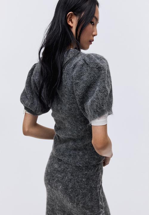 H&M - Knitted puff-sleeved top - grey marl