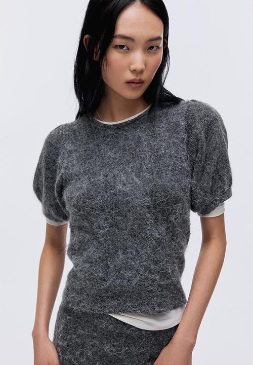 H&M - Knitted puff-sleeved top - grey marl