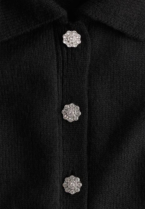 Short-sleeved collared cardigan - black - 1315272004