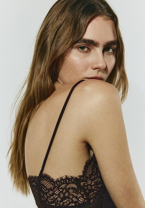 H&M - Lace-trimmed strappy top - dark brown