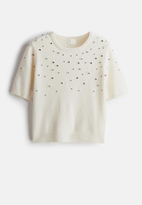H&M - Rhinestone-embellished fine-knit top - white
