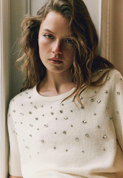 H&M - Rhinestone-embellished fine-knit top - white