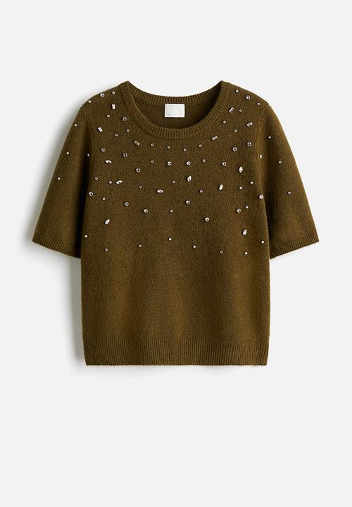 H&M - Rhinestone-embellished fine-knit top - dark khaki green
