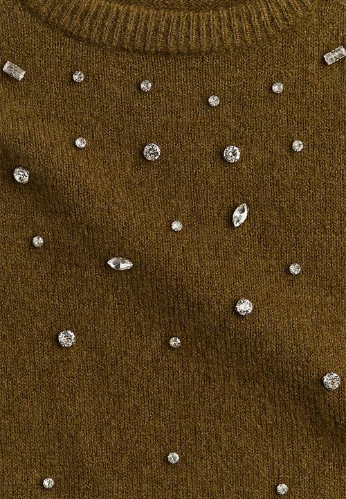 H&M - Rhinestone-embellished fine-knit top - dark khaki green