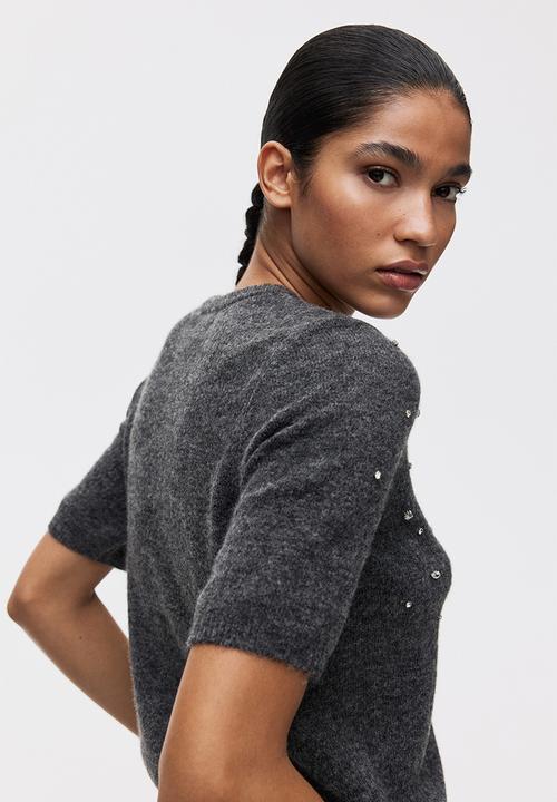H&M - Rhinestone-embellished fine-knit top - dark grey marl